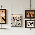 Decorative Paintings With Floral And Animal Motifs In Black Frames With Branch Decoration