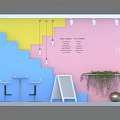 Colorful Window Display With Staircase Design Yellow Pendant Lights Bar Stools Signboard And Green Plants