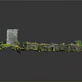 Ancient Ruins Model With Stone Tower Ruined Walls And Overgrown Grass