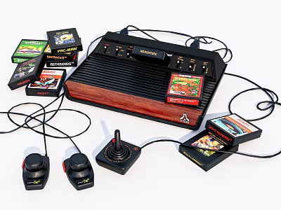 Vintage Retro Gaming Console With Classic Game Cartridges And Joysticks 3d model