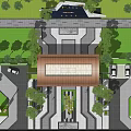 Modern Architectural Entrance Gate With Wooden Roof Lush Greenery And Paved Driveway
