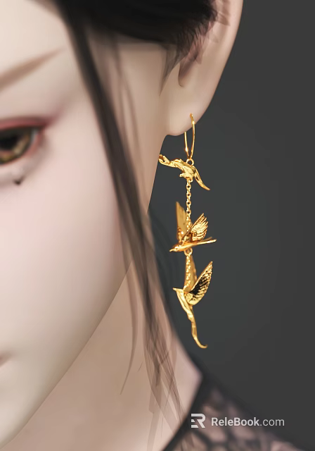 Elegant Golden Bird Shaped Drop Earrings With Multi Bird Chain Design For Women 3d model 