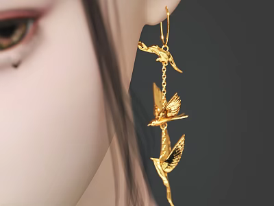 Elegant Golden Bird Shaped Drop Earrings With Multi Bird Chain Design For Women 3d model