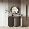 Modern Console Table With Circular Mirror Green Plant And Striped Wall Background 3d model