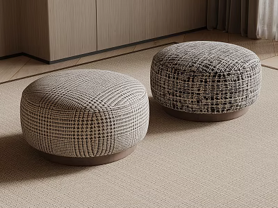 Two Round Modern Fabric Stools With Checkered Pattern On Beige Carpet And Wooden Base 3d model