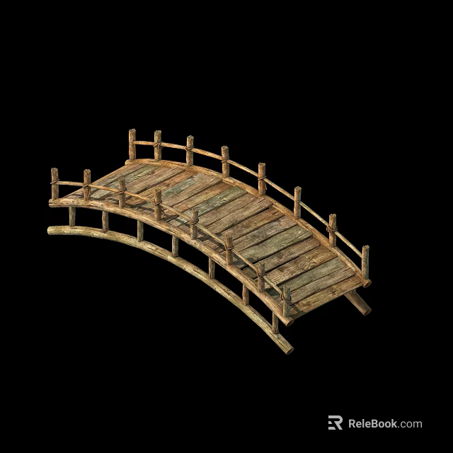 Traditional Wooden Arched Bridge With Railings And Classic Design Structure 3d model 