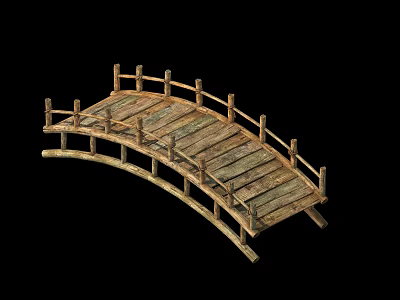 Traditional Wooden Arched Bridge With Railings And Classic Design Structure 3d model