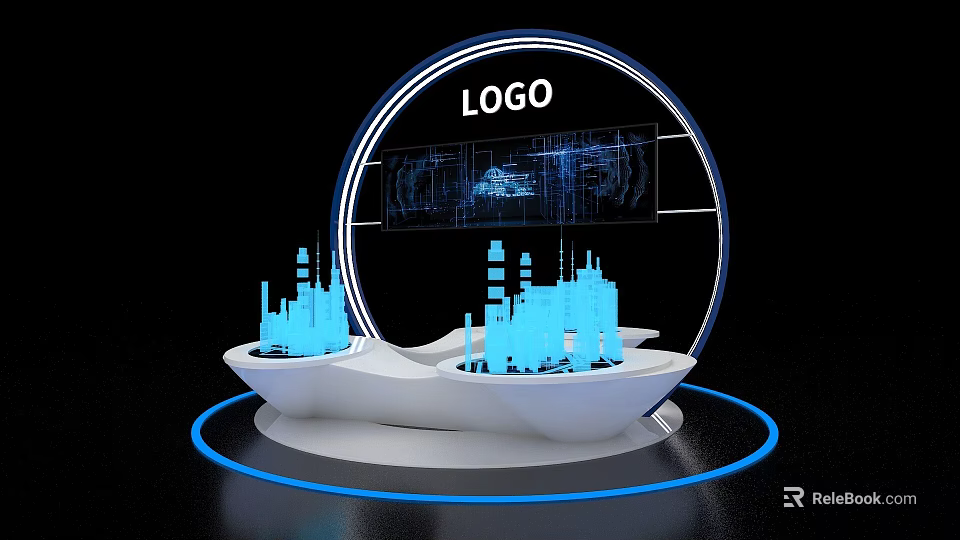 Modern Tech Inspired Island Counter With Circular Design Blue City Silhouette And Logo 3d model 