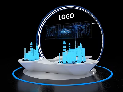 Modern Tech Inspired Island Counter With Circular Design Blue City Silhouette And Logo 3d model