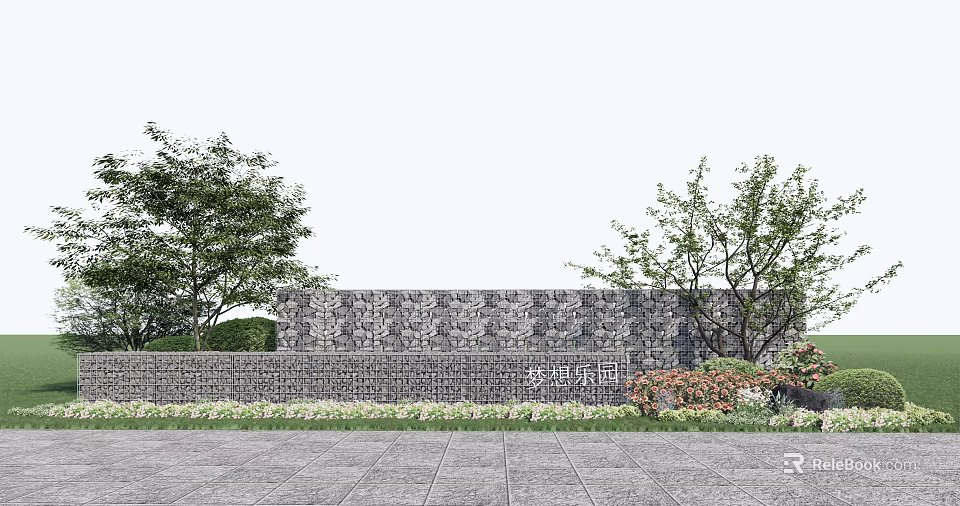 Stone Feature Wall Surrounded By Trees And Greenery With Paved Ground 3d model