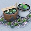 Charming Garden Ornament Featuring Two Barrels With Water Lotus Leaves Flowers Pebbles And Green Plants