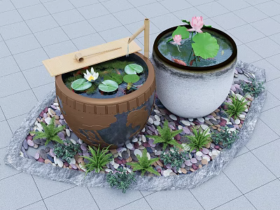 Charming Garden Ornament Featuring Two Barrels With Water Lotus Leaves Flowers Pebbles And Green Plants 3d model