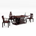 Traditional Wooden Table and Chairs Set with Classic Carvings and Decorative Vase for Living Room