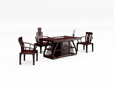 Traditional Wooden Table and Chairs Set with Classic Carvings and Decorative Vase for Living Room 3d model