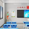 Bright School Classroom With Blue Desks Chairs Smart Blackboard Yellow Lockers And Windows