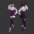 Anime Female Characters With Purple Short Hair White Tops Black Shorts Front Back Poses
