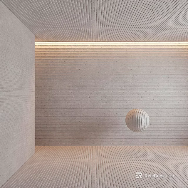 Floating Spherical Component in Minimalist Interior with Light Colored Textured Walls and Flooring 3d model