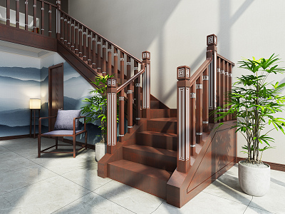 New Chinese Stairs Solid Wood Stairs 3d model