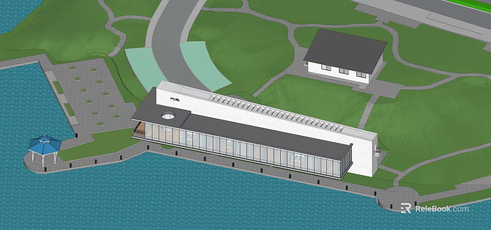 Modern Waterfront Boutique Guesthouse Architectural Design With Glass Facade And Green Surroundings 3d model 