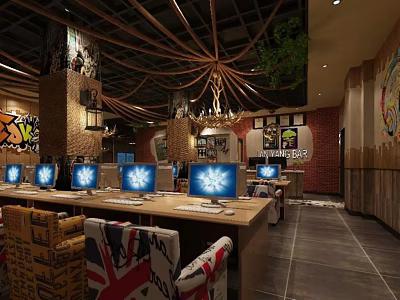 Modern Internet Cafe Interior With Computers Comfortable Chairs Wooden Ceiling And Green Plants 3d model