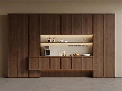 Modern Walnut Wine Cabinet with Display Shelves and Warm Lighting 3d model