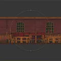 Vintage Tavern Interior With Red Walls Arched Windows Red Banquettes Round Wooden Tables And Barrels
