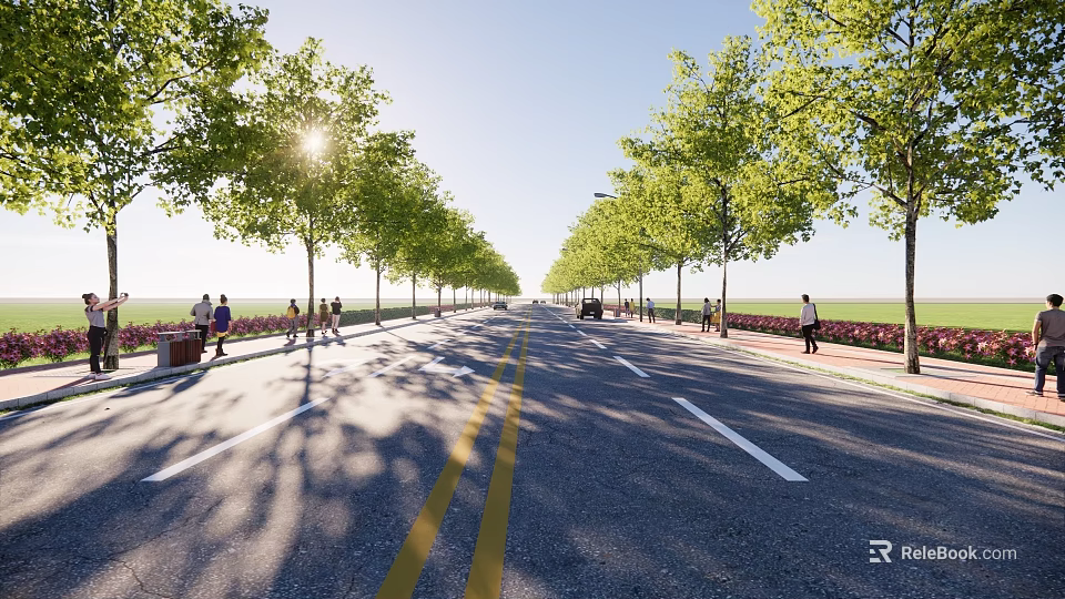 Urban Municipal Road With Lined Trees Pedestrian Walkway And Clear Markings 3d model 