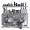 Organized Kitchenware On Shelves With Hanging Pots Knives Bread Box And Jars