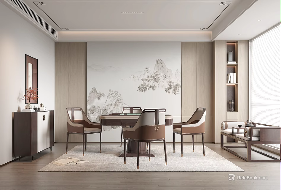 Modern Chinese Entertainment Room Interior With Landscape Painting And Furniture 3d model 