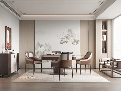 Modern Chinese Entertainment Room Interior With Landscape Painting And Furniture 3d model