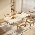 Modern Wooden Dining Table Set With Chairs Fruit Bowl Flower Vase Shelf And Blinds