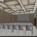 Modern Meeting Room With Wooden Walls White Chairs Square Ceiling Lights And Projection Screen