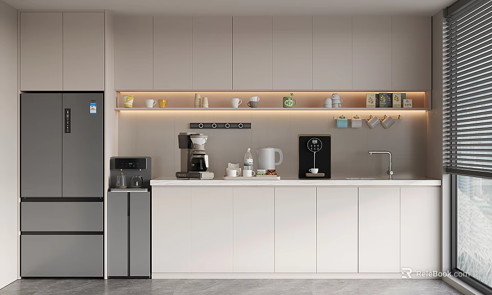 Modern Break Room Interior With Light Gray Cabinets Coffee Machine Refrigerator And Sink 3d model 