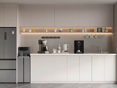 Modern Break Room Interior With Light Gray Cabinets Coffee Machine Refrigerator And Sink 3d model