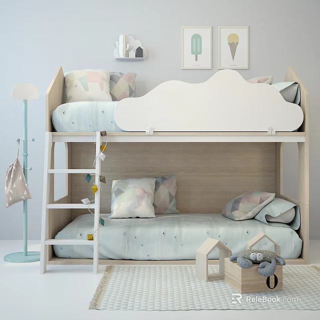 Wooden Bunk Bed For Kids Room With Cloud Shaped Headboard Ladder And Colorful Pillows 3d model 