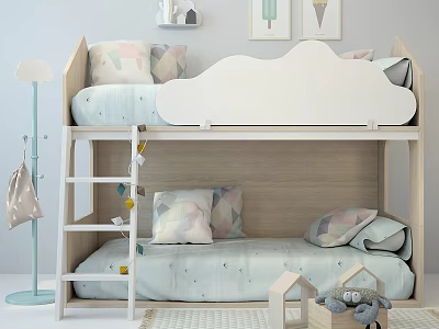 Wooden Bunk Bed For Kids Room With Cloud Shaped Headboard Ladder And Colorful Pillows 3d model