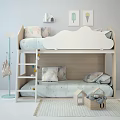 Wooden Bunk Bed For Kids Room With Cloud Shaped Headboard Ladder And Colorful Pillows