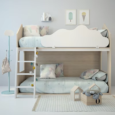 Wooden Bunk Bed For Kids Room With Cloud Shaped Headboard Ladder And Colorful Pillows 3d model