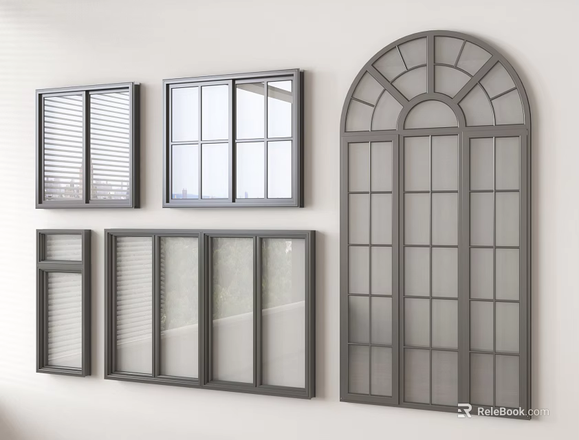 Different Styles of Floor to Ceiling Windows with Gray Frames on White Wall 3d model 