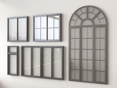 Different Styles of Floor to Ceiling Windows with Gray Frames on White Wall 3d model