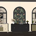 Entryway And Side Cabinets In Black White Beige With Arched Windows And Decorations