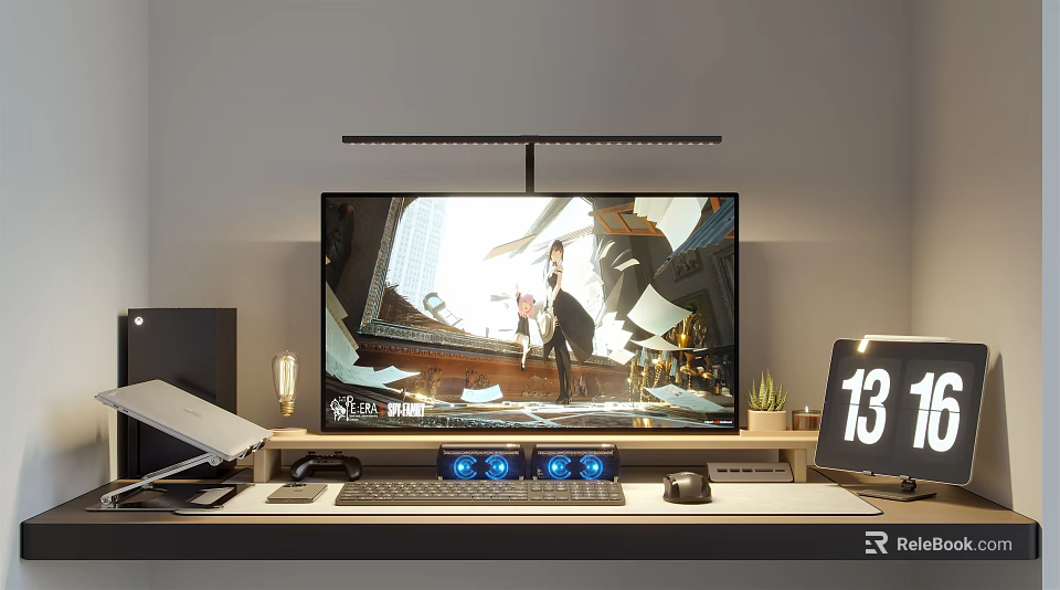 Modern Gaming PC Setup With Monitor Keyboard Mouse Desk Lamp And Calendar 3d model 