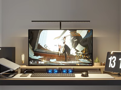 Modern Gaming PC Setup With Monitor Keyboard Mouse Desk Lamp And Calendar 3d model