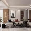 Modern Living Room Interior With White TV Wall Wooden Cabinets Curved Chair And Textured Rug