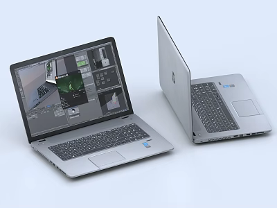 Silver Laptop Computers With Open Screen Displaying Design Interface And Closed Device 3d model