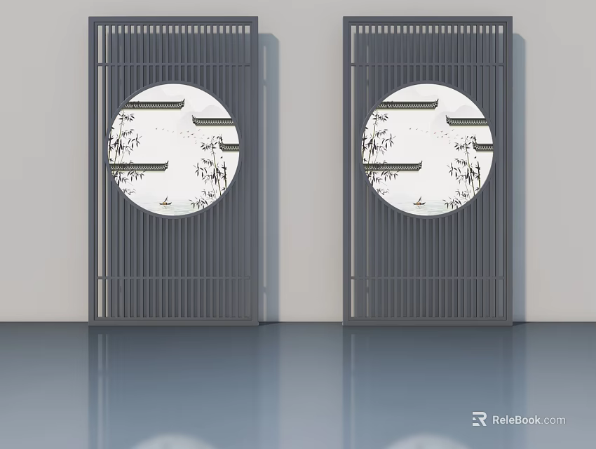 Gray Modern Hinged Doors Featuring Vertical Slats and Circular Landscape Panels 3d model