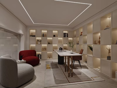 Modern Home Office Interior With Built in Bookshelves Desk And Cozy Seating 3d model