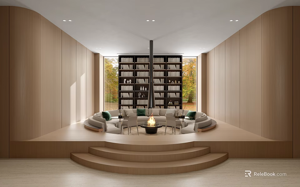 Modern Light Wood Sales Office With Sunken Lounge Central Fireplace And Full Wall Bookshelf 3d model 