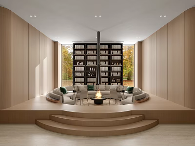 Modern Light Wood Sales Office With Sunken Lounge Central Fireplace And Full Wall Bookshelf 3d model