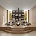 Modern Light Wood Sales Office With Sunken Lounge Central Fireplace And Full Wall Bookshelf